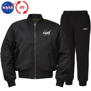 NASA 나사 남녀공용 양면 패딩항공점퍼+면 조거팬츠 상하세트 N-853UBK+N-350PBK 투웨이 MA-1 자켓 블루종 잠바 바람막이 아우터 오버핏 남자 여성