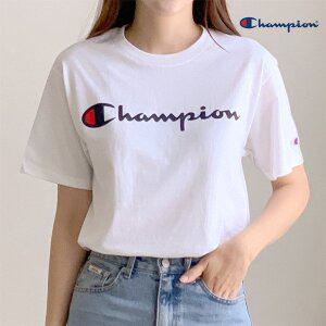 챔피온 로고 반팔티 클래식 그래픽 스크립트 티셔츠 남녀공용 (화이트/네이비로고)
