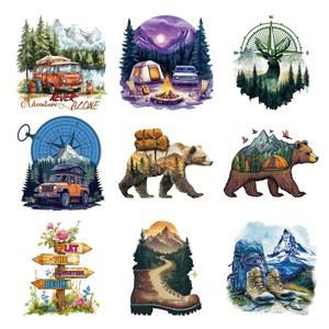 Arricraft 9개 어드벤처 테마 열전달 필름 로고 스티커 세트, 9가지 스타일 캠핑 밴 포레스트 텐트 다리미 티셔츠 패치백 모자 DIY 공예품