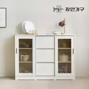 장인가구 아망드 슬라이딩 1200 유리 3단서랍 주방 수납장 그릇 장식장 홈카페장