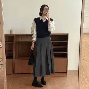 [공구우먼] [제작] 에나 더블 플리츠 뒷밴딩 롱 스커트 84083 빅사이즈 여성의류