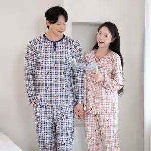 (제이지몰)커플 피치 기모 잠옷 뉴이어베어 체크 캐릭터 시보리 긴팔 남자 여성 파자마 봄 가을 겨울 홈웨어