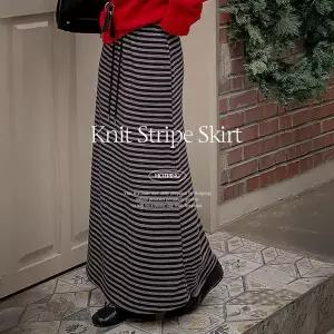 핫핑 [맥시롱기장/코디만능템] 비안 스트라이프 니트 밴딩 롱스커트 (44~110)
