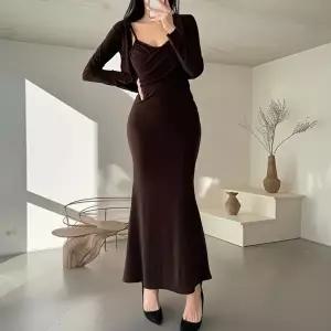 [옷자락]여자 랩스타일 셔링 롱 원피스 긴팔 숏 가디건 세트