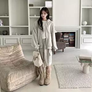 [옷자락]여성 루즈핏 후드 집업 카고 스타일 반바지 세트