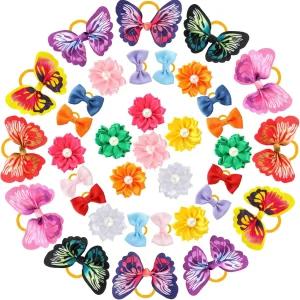 자닌카 36피스 고무줄이 달린 강아지 털 보우 나비 작은 개 매듭 꽃 진주 탄력 헤어 타이 반려동물 고양이