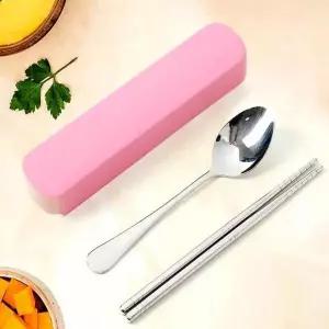 [셀러에이드]휴대용 도시락 수저세트 핑크 숟가락 케이스 수저 정리함