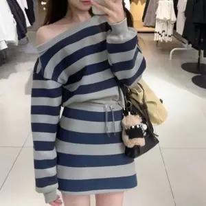 아이위크 오프숄더 봄 가을 맨투맨 스트라이프 스커트 투피스 세트 원피스