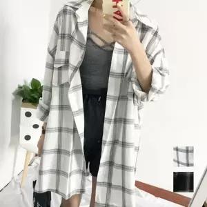 [하프클럽/]걸스힙까지 덥는 루즈핏 일상용 체크패턴 이지 무늬 데일리셔츠