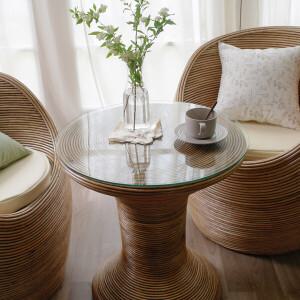 [사라방드] 몰디브 동글이 내추럴 라탄T테이블(유리포함) / 거실테이블 소파테이블