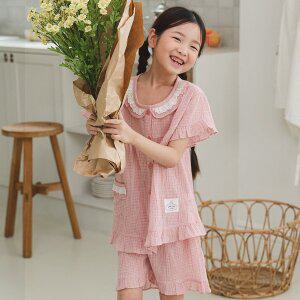 [신세계몰]찌니야 국내제작 루이체크 라운드 순면 여아동잠옷 반팔상하세트
