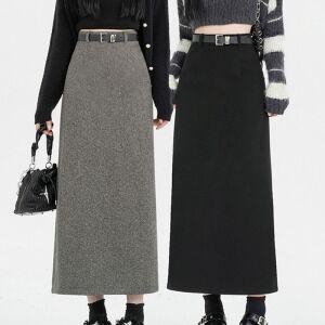 스타일아유 여성 가을 겨울 모직 하이웨이스트 심플한 캐주얼 일자 모던 슬릿 롱스커트 SK0621