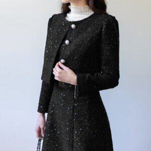 [시크라인] 페스타 진주버튼 스팽글 트위드 셋업 자켓