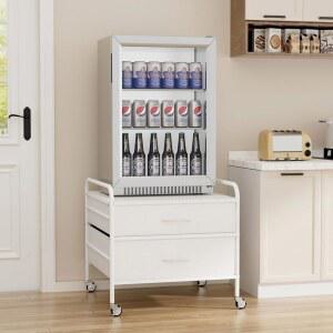 수납공간이 있는 VOWNER 미니 냉장고 스탠드, 2개의 패브릭 서랍이 있는 대형 음료 냉장고 스탠드, 4개의 잠금식 금속 바퀴가 있는 냉장고 카트, 220LBS 용량 22