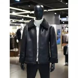 바쏘옴므 남성 블랙 양가죽 배색 페이크레더 무스탕 퍼 WSZ4UA47ABK