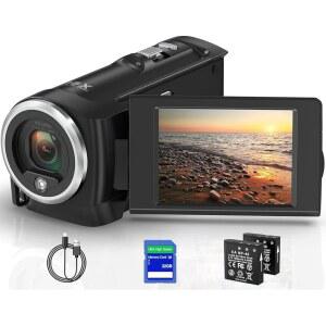 로엔티르 비디오 카메라 QHD 2.7K 50MP 캠코더 16X 디지털 카메라, 2.8인치 270도 회전 스크린 레코더 브이로그 카메라(32GB 카드 및 배터리 2개 포함)