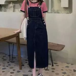 [하프클럽/]멜빵 원피스 스티치 포인트 안뒤 포켓 H라인 앞트임