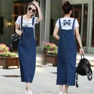 [하프클럽/]여자 여름 데이트 나들이 편한 멜빵 데님 롱 원피스