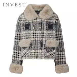 [인베스트] 퍼 트리밍 배색 체크 니트 코트_IN5W1CT1581