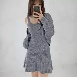 [하프클럽/]여성 케이블 니트 민소매 플레어 드레스 가디건 세트