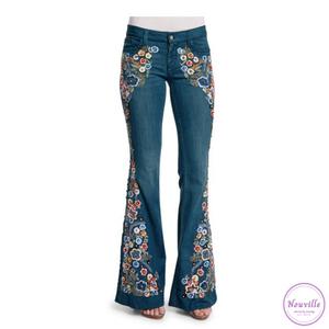 여성 에스닉 플라워 자수 부츠컷 데님 팬츠 슬림핏 반 하이웨스트 빅사이즈