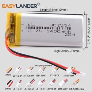 JST2.0 3P 902554 3.7V 1400mAh 충전식 리튬 이온 폴리머 배터리 리포