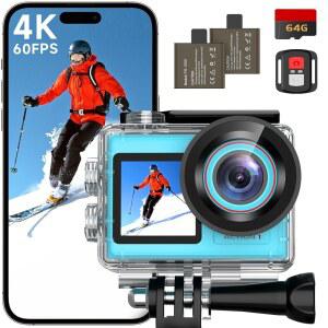 전면 LCD 및 터치 후면 스크린이 장착된 4K60FPS 30MP 액션 카메라, 64GB 메모리 카드가 수중 132FT 방수 EIS, 5배 줌, WiFi 리모컨 블루