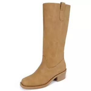 [빠른배송] Sivellya Women's Knee High Boots Square Toe Side Zipper Comfortable Block Low Heel Fall L