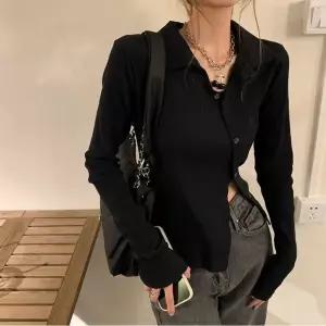 [하프클럽/]여성 페미닌 롱슬리브 카라 골지 니트 단추 티셔츠