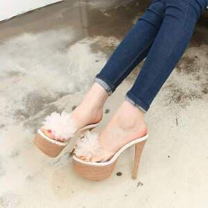 여성킬힐 국내제작 코사지 투명 가보시 얇은굽 킬힐 슬리퍼힐