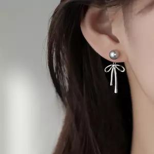 925 실버 회색 진주 리본 드롭 귀걸이