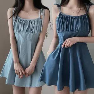 여성 청 셔링 데님 플레어 끈 나시 원피스 3color 레이어드 끈나시 민소배 미니원피스 휴가 여행 룩 러블리