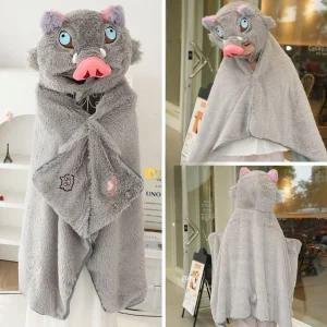 블루바구니 귀여운 귀멸의 칼날 따뜻한 이노스케 후드 입는 담요 망토 캐릭터 잠옷