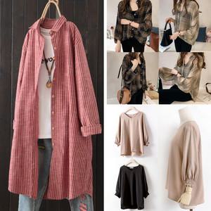 빅사이즈여성의류 체크 카라 셔츠 셔링 소매 벌룬 블라우스 롤업 스트라이프 단가라 66~120 size 77 88 99 100 110 큰옷 모음