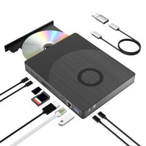 외장 드라이브, 노트북용 8 in 1 USB 드라이브 외장, 외장 DVD 플레이어 지원 100G 디스크 3D, SD/TF 포트 HDMI 및 LAN 인터페이스 USB CD 드라이브, Windows XP/7/8/10/11용 CD 버너