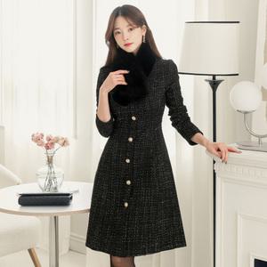 [시크라인] 겔모어 라운드넥 주얼버튼 A라인 트위드 원피스 빅사이즈/오피스룩/하객룩
