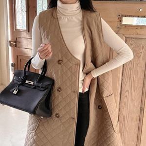 여성 투버튼 롱조끼패딩 V넥 퀼팅누빔 점퍼