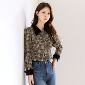 [시크라인] (~XXL까지) 아몰트 벨벳 배색 트위드 자켓 겨울 크롭자켓 아우터 하객룩 출근룩 캐쥬얼룩 데이트룩