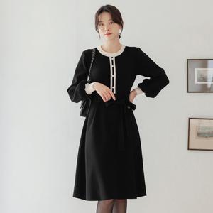 [시크라인] (~XL까지) 텔리아 퍼프 소매 진주 니트 원피스 겨울 루즈핏 A라인 오피스룩 하객룩 연말룩 모임룩 빅사이즈