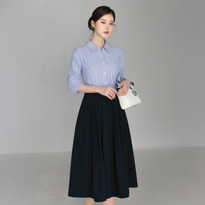 [시크라인] (~XXL까지) 디바이 스트라이프 셔츠 배색 원피스 플레어 봄 가을 오피스 하객룩 데이트 모임 미시 빅사이즈