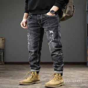 봄 가을 남성 찢어진 청바지 슬림 스트레이트