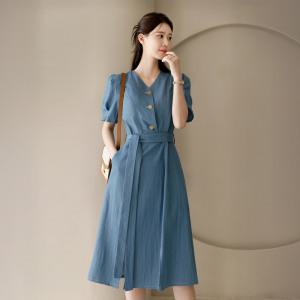 [시크라인] (~XXL까지) 사리나 스티치 데님 트임 벨트 원피스 여름 브이넥 나들이 데일리 일상 캐쥬얼 출근룩 빅사이즈