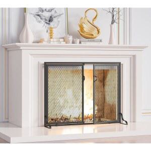 문이 있는 평평한 벽난로 화면의 킹슨 37.8x30.7, 2개의 패널로 제작된 견고한 철제 장식 메시 클래식 스파크 가드-블랙