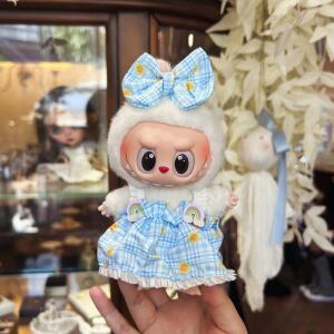 17cm 라부부 인형 옷 세트 귀여운 파란색 체크무늬 드레스와 리본 무지개 장식 패션 의상 V1 V2 DIY 선물