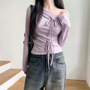 여성 레이온 스판 무지 오프숄더 셔링 스트랩 긴팔티