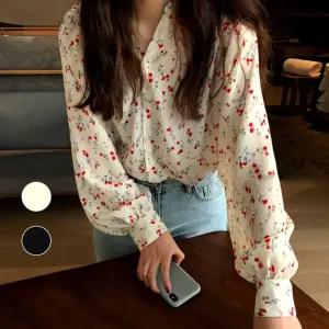 꽃무늬 블라우스 퍼프 봄가을 긴팔 예쁜블라우스 노카라블라우스 란달작