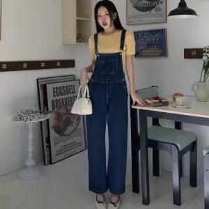 여자 키치무드 데님 멜빵 오버롤 일자핏 팬츠