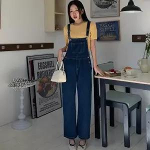 [옷자락]여자 키치무드 데님 멜빵 오버롤 일자핏 팬츠