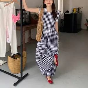 고품질 체크 라운드넥 와이드 팬츠 점프슈트 (WE66E60)