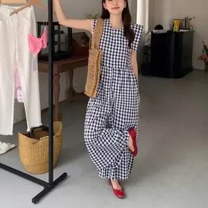 체크 라운드넥 와이드 팬츠 점프슈트 (WE66E60)